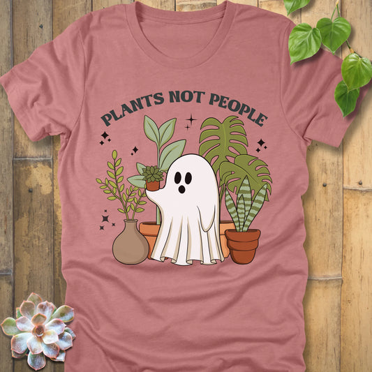 Heather Mauve t-shirt featuring the design Plants Not People printed in bold letters with halloween design a ghost holding plants