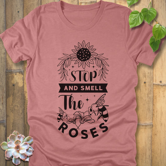 Heather Mauve t-shirt featuring the design The Roses printed with flowers and bees