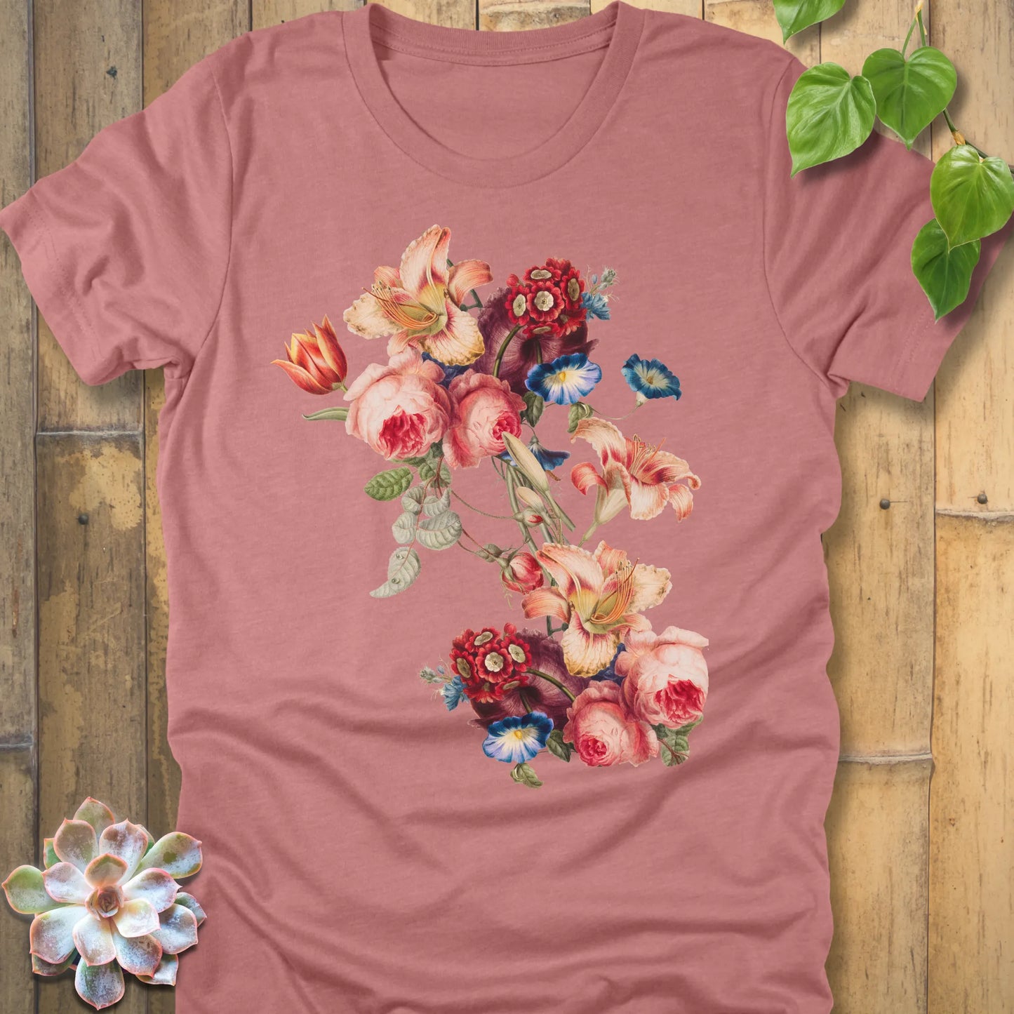 Heather Mauve t-shirt featuring the design Victorian Bloom printed in soft floral colours, vintage flower graphic tee.