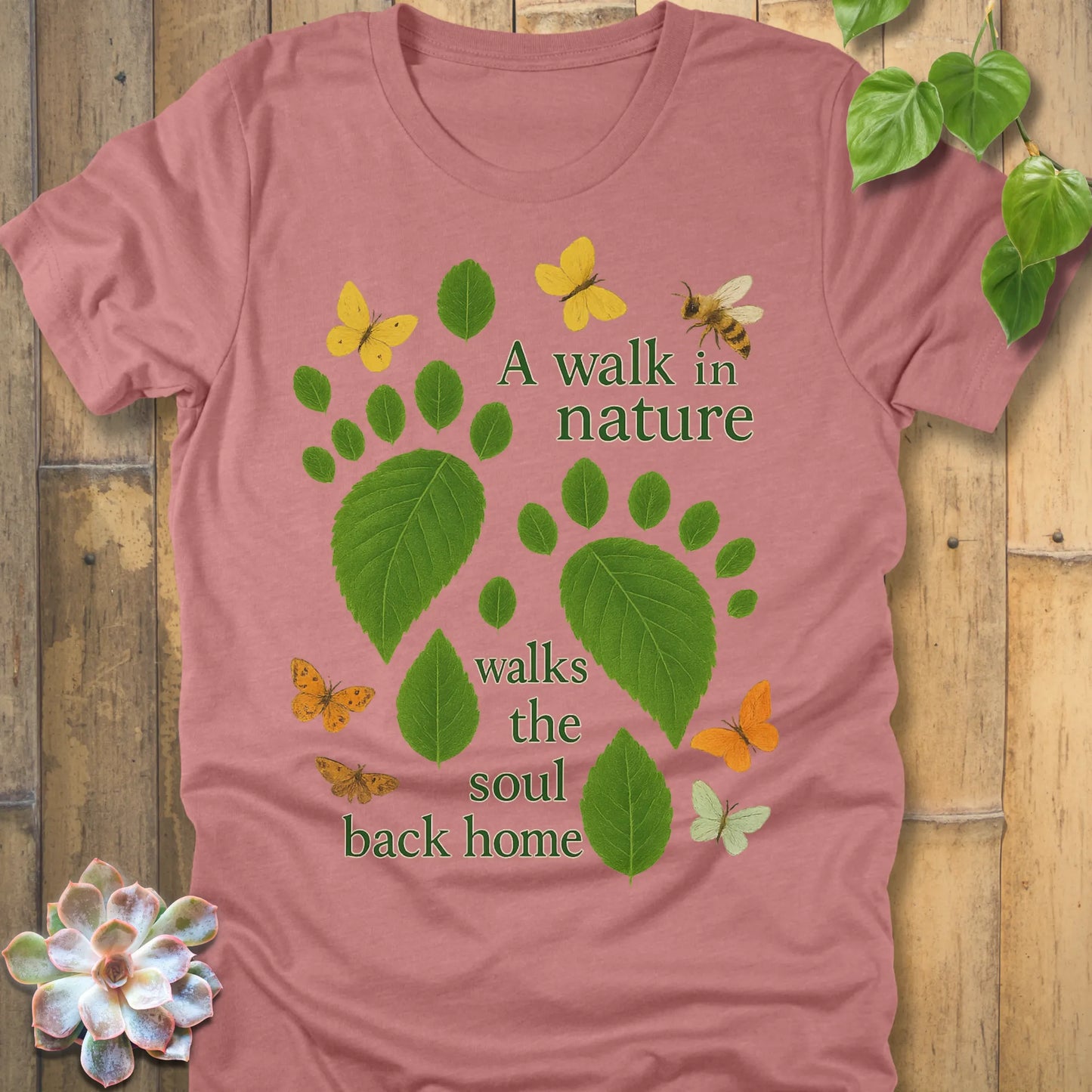 Heather Mauve t-shirt featuring the design Walk In Nature printed natures design, outdoor adventure shirt.