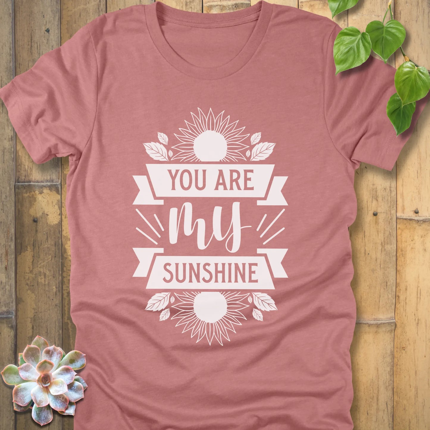Heather Mauve t-shirt featuring the design You are my sunshine printed in bold letters with a sunflower graphic
