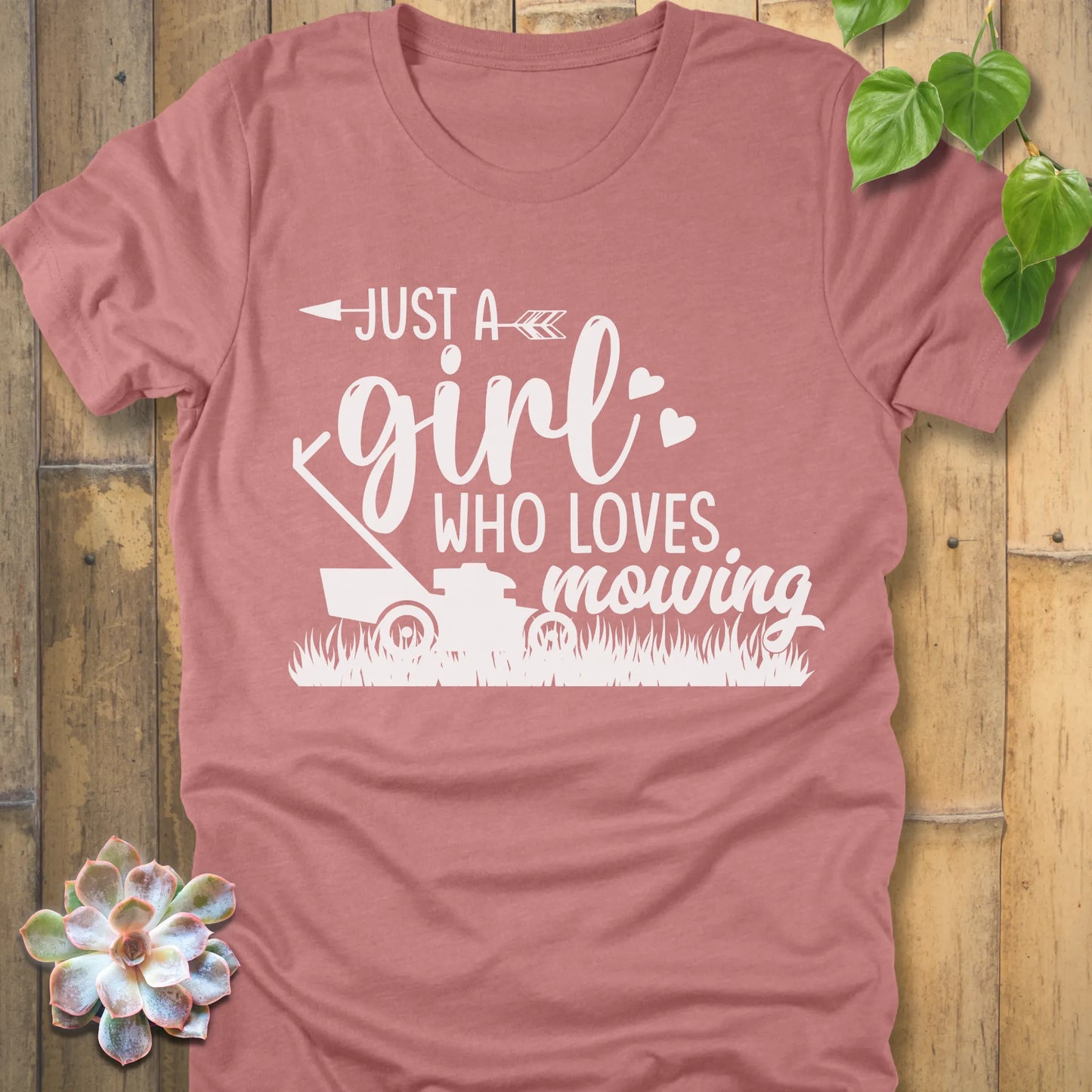 Heather Mauvet-shirt featuring the design Just a girl who loves mowing printed with a lawn mower graphic.