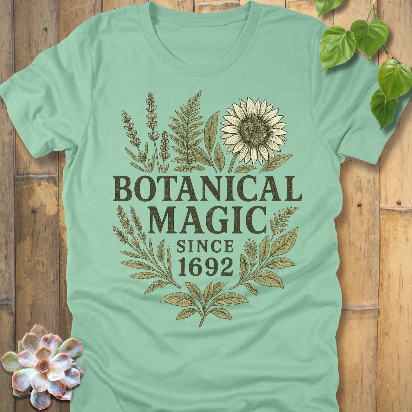 Heather Mint t-shirt featuring the design Botanical Magic printed in bold letters, botanical garden shirt.