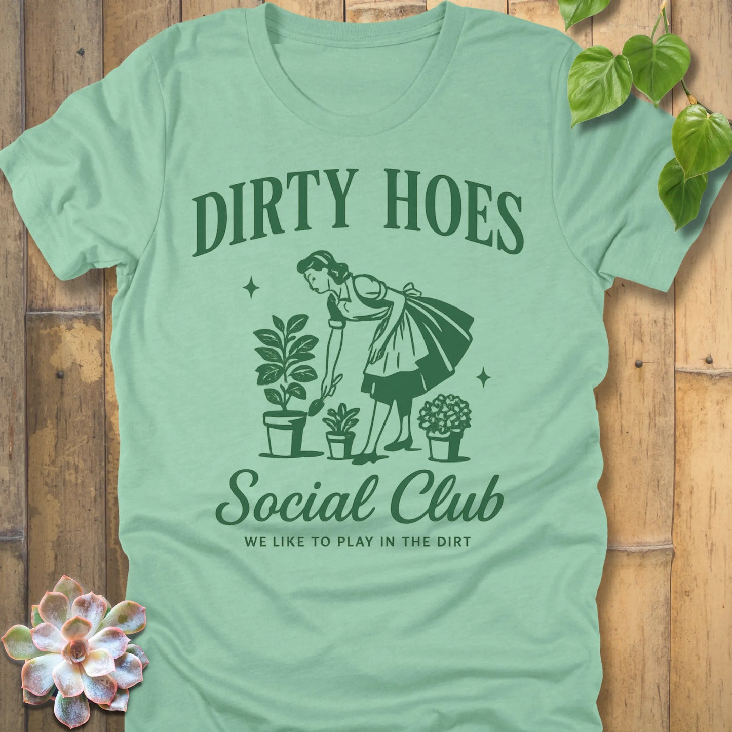 Heather Mint t-shirt featuring the design Dirty Hoes printed in funny gardening shirt.