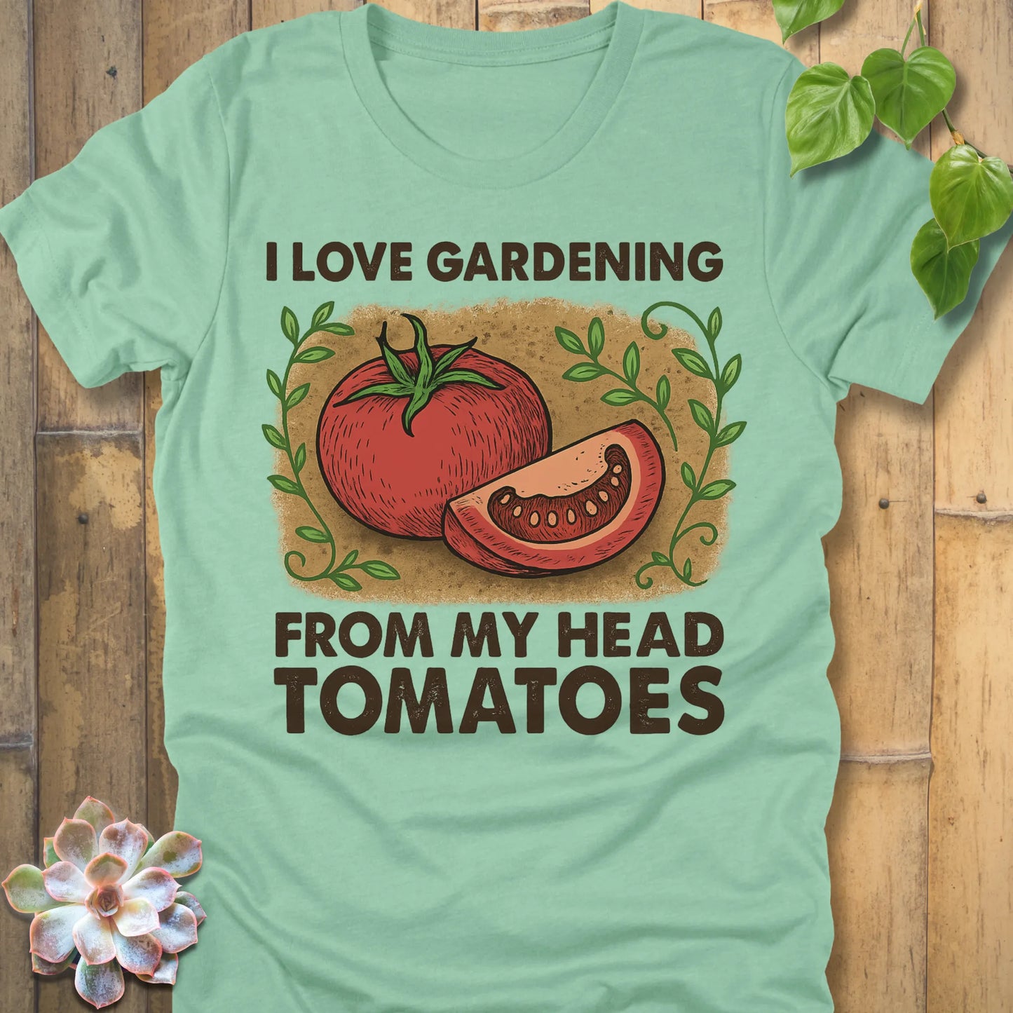 Heather Mint t-shirt featuring the design I Love Gardening printed in bold letters, perfect plant lover shirt