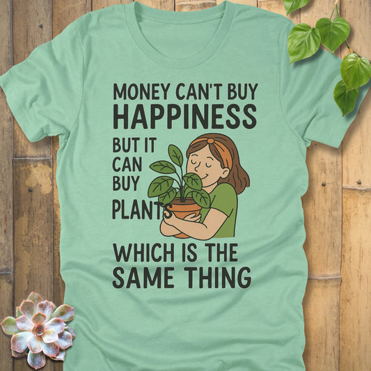 Heather Mint t-shirt featuring the design Money Can Buy Happiness printed in bold black letters, casual streetwear shirt.