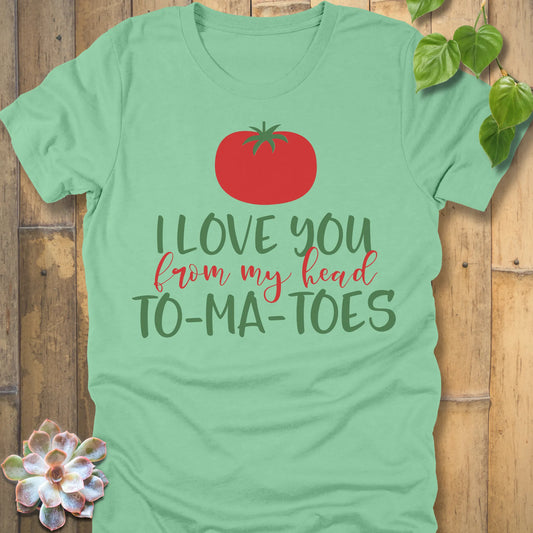 Heather Mint t-shirt featuring the design My Head To-Ma-Toes printed in bold letters, funny tomato gardening shirt.