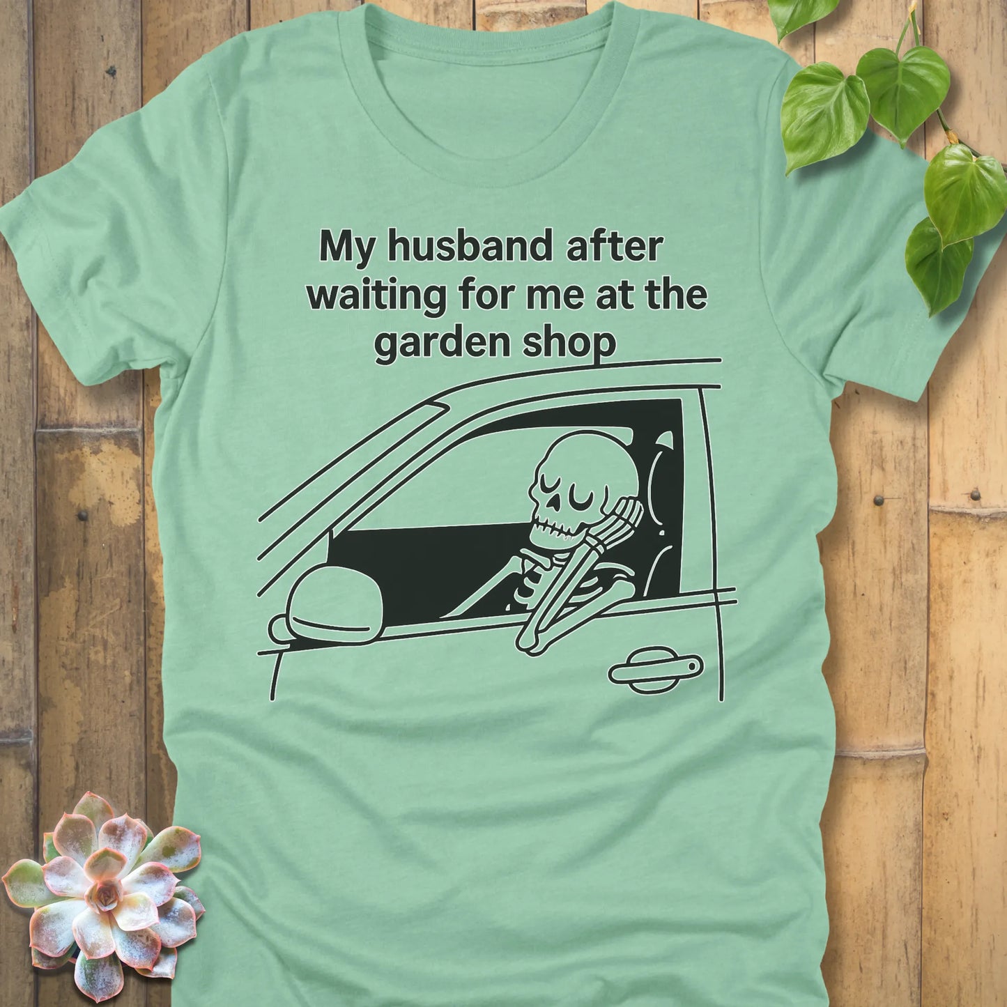 Heather Mint t-shirt featuring the design My Husband printed funny skeleton graphic shirt