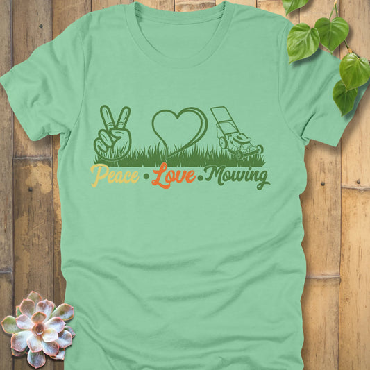 Heather Mint t-shirt featuring the design Peace, Love, Mowing with peace sign, heart and mower