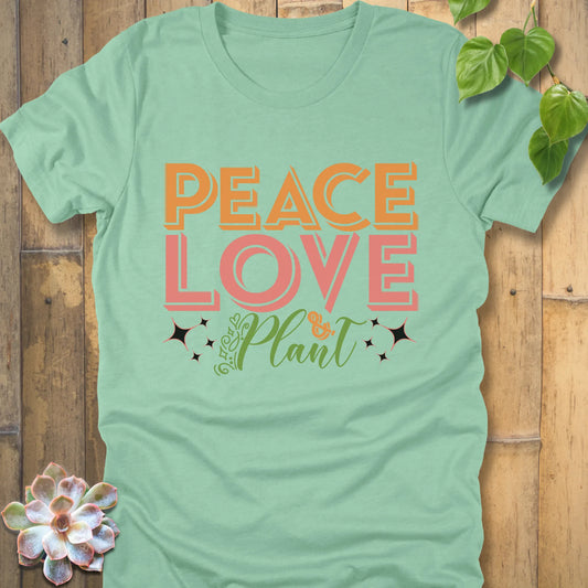 Heather Mint t-shirt featuring the design Peace Love Plant printed in bold letters, ethical everyday wear shirt