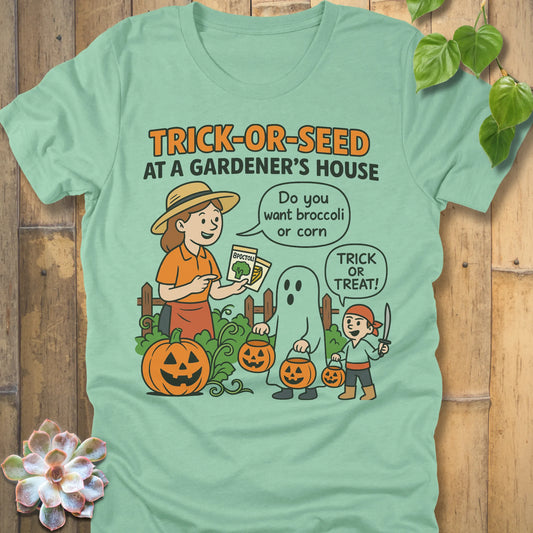 Heather Mint t-shirt featuring the design Trick Or Seed printed in funny Halloween gardening shirt.