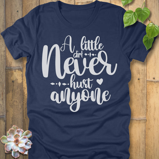 Heather Navy gardening t-shirt featuring the design A Little Dirt printed in white letters