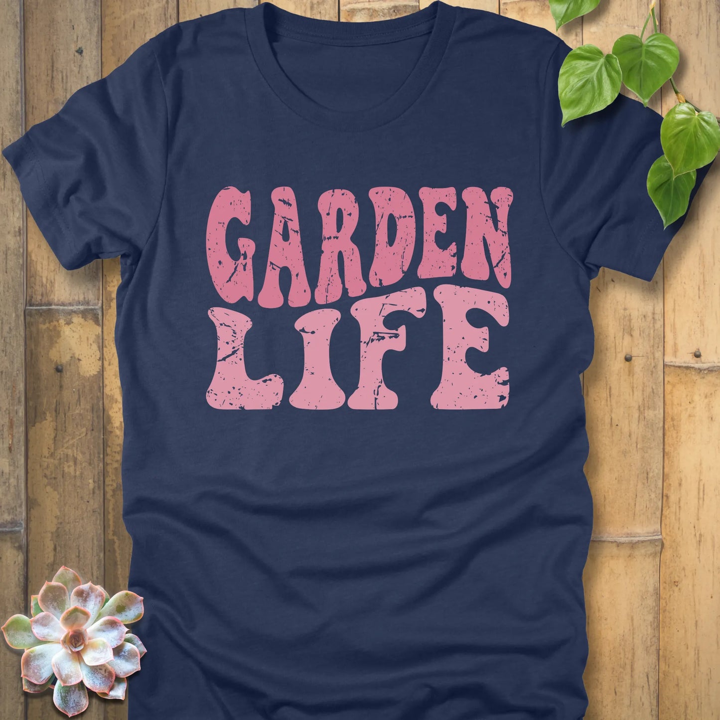 Heather Navy t-shirt featuring the Garden Life graphic tee design in bold pink letters, casual graphic shirt