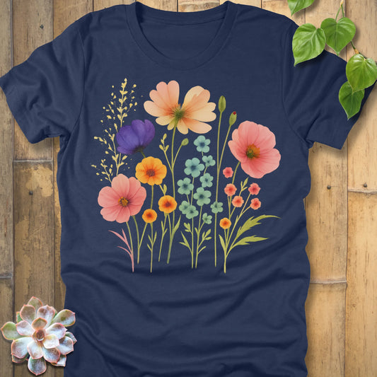 Heather Navy t-shirt featuring the design Beautiful Day printed in flower graphic design, casual graphic tee.