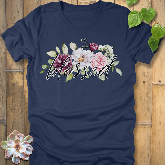 Heather Navy t-shirt featuring the design Blessed Flowers printed black letters and flowers, faith and floral shirt.