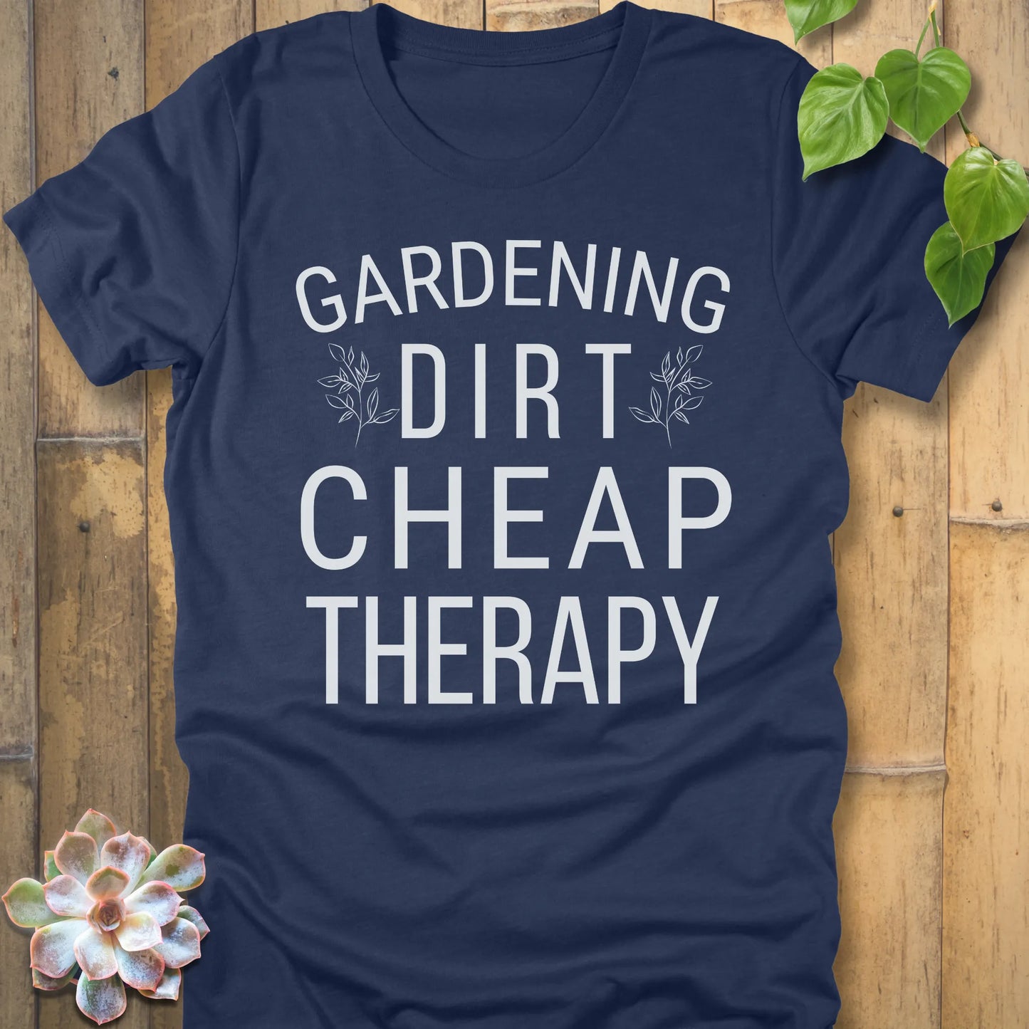 Heather Navy t-shirt featuring the design Cheap Therapy printed in bold white letters