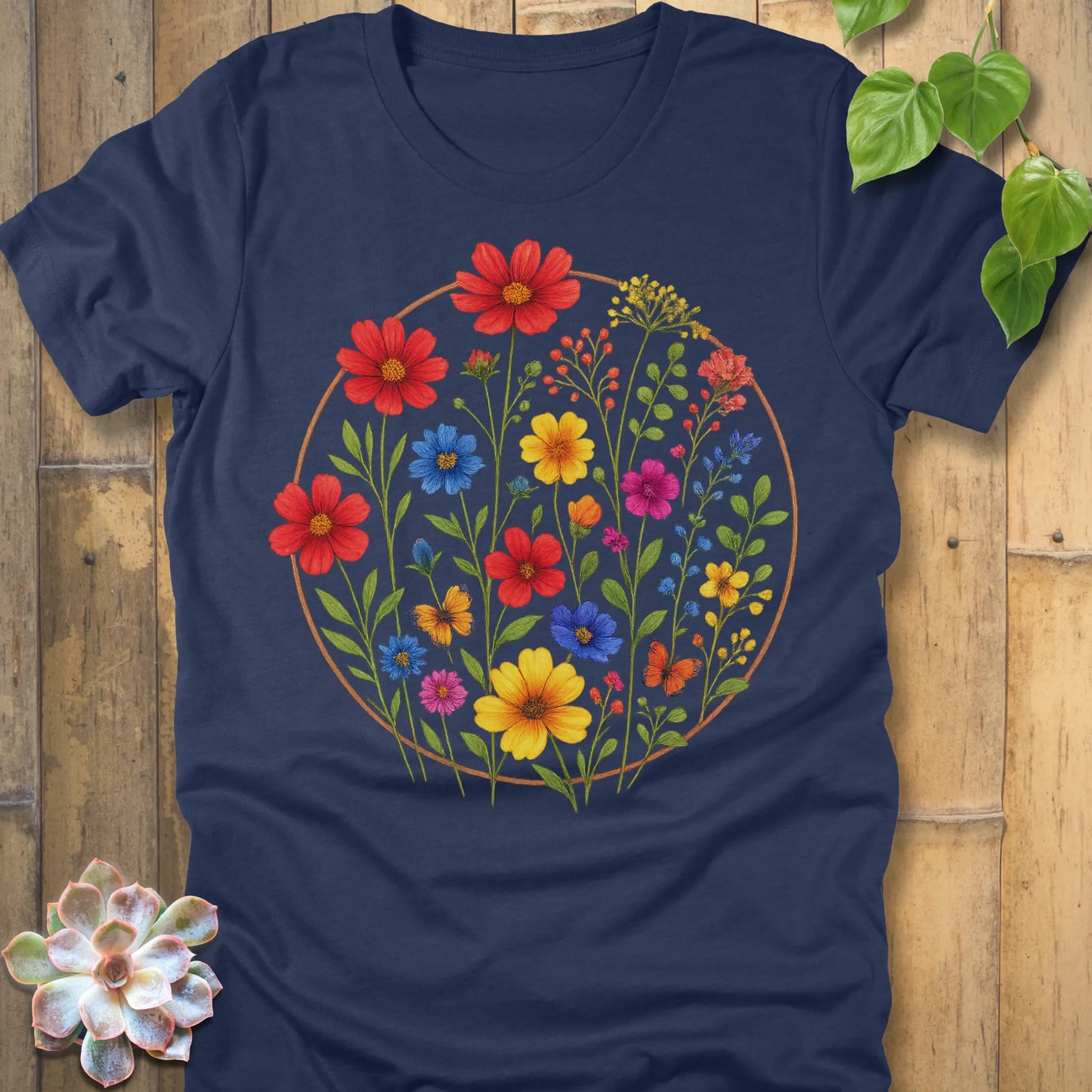 Heather Navy t-shirt featuring the design Circle of Flowers printed in colourful floral artwork, casual garden shirt.