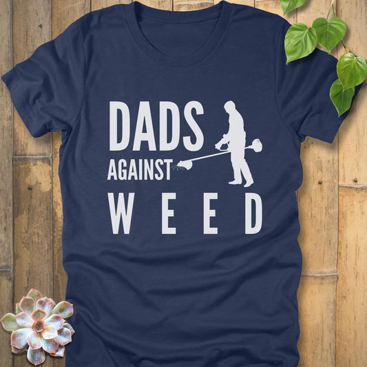 Heather Navy t-shirt featuring the design Dads Against Weed printed with man mowing.