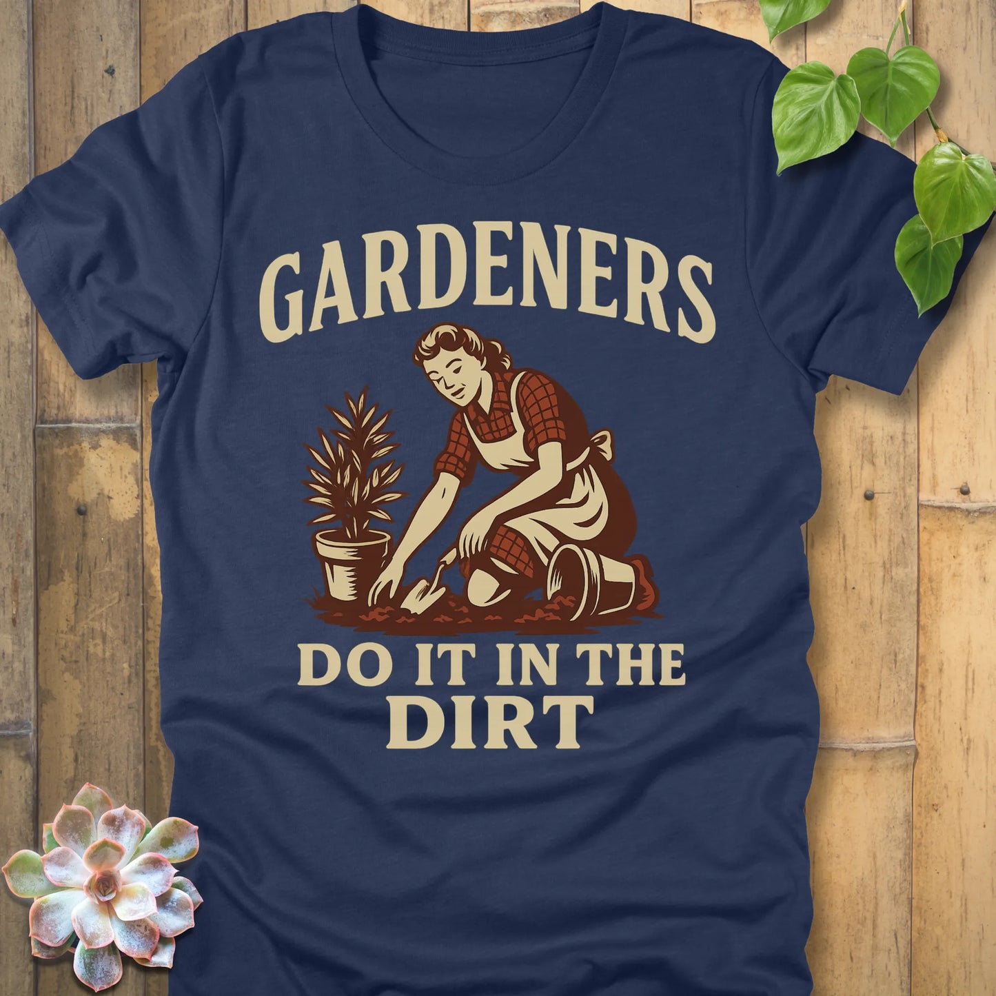 Heather Navy t-shirt featuring the design Do It In The Dirt printed in bold letters, funny gardening shirt.
