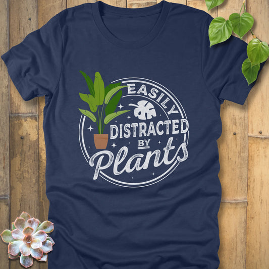 Heather Navy t-shirt featuring the design Easily Distracted by Plants with a print of a potted plant
