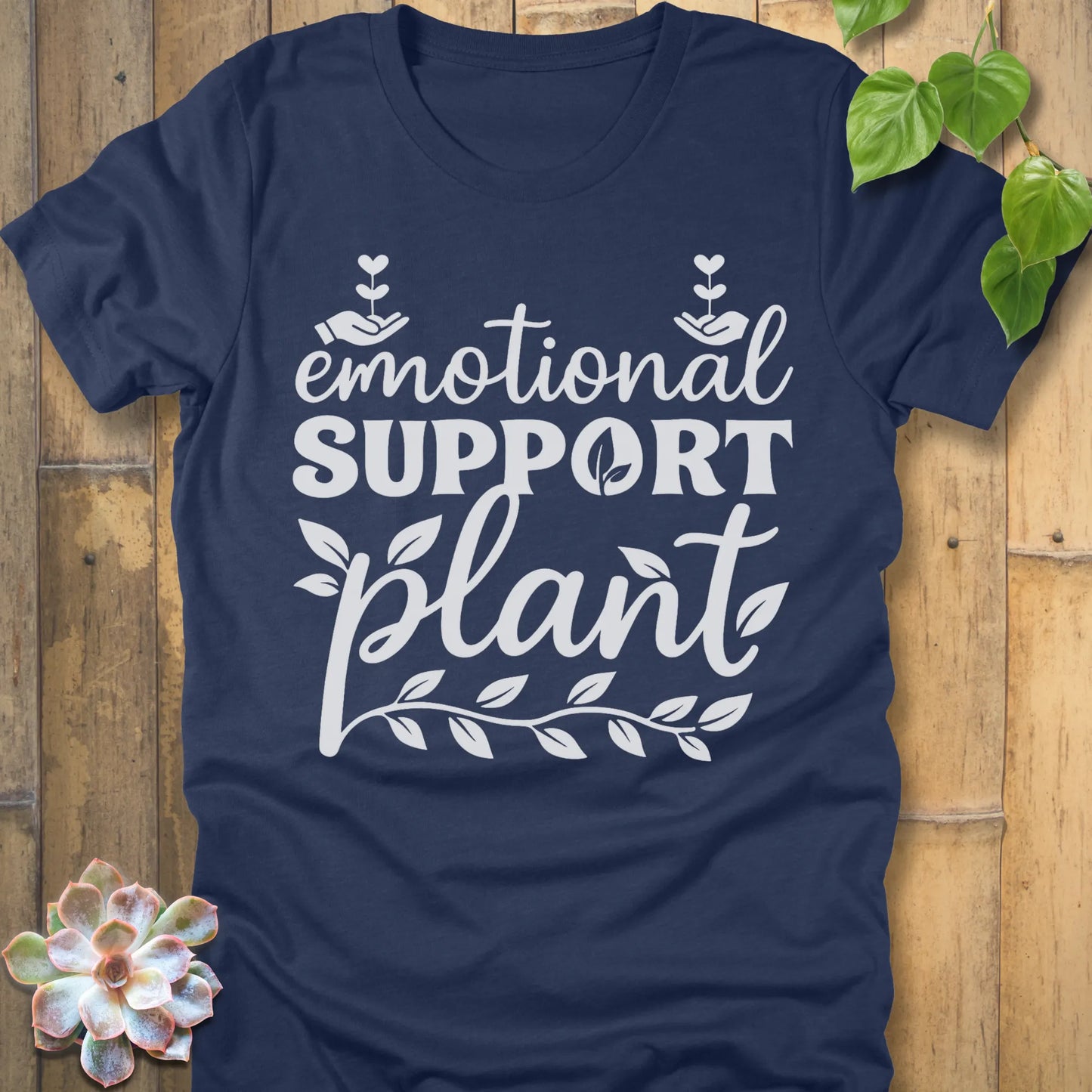 Heather Navy t-shirt featuring the design Emotional Support printed in bold white letters, casual mental health shirt.