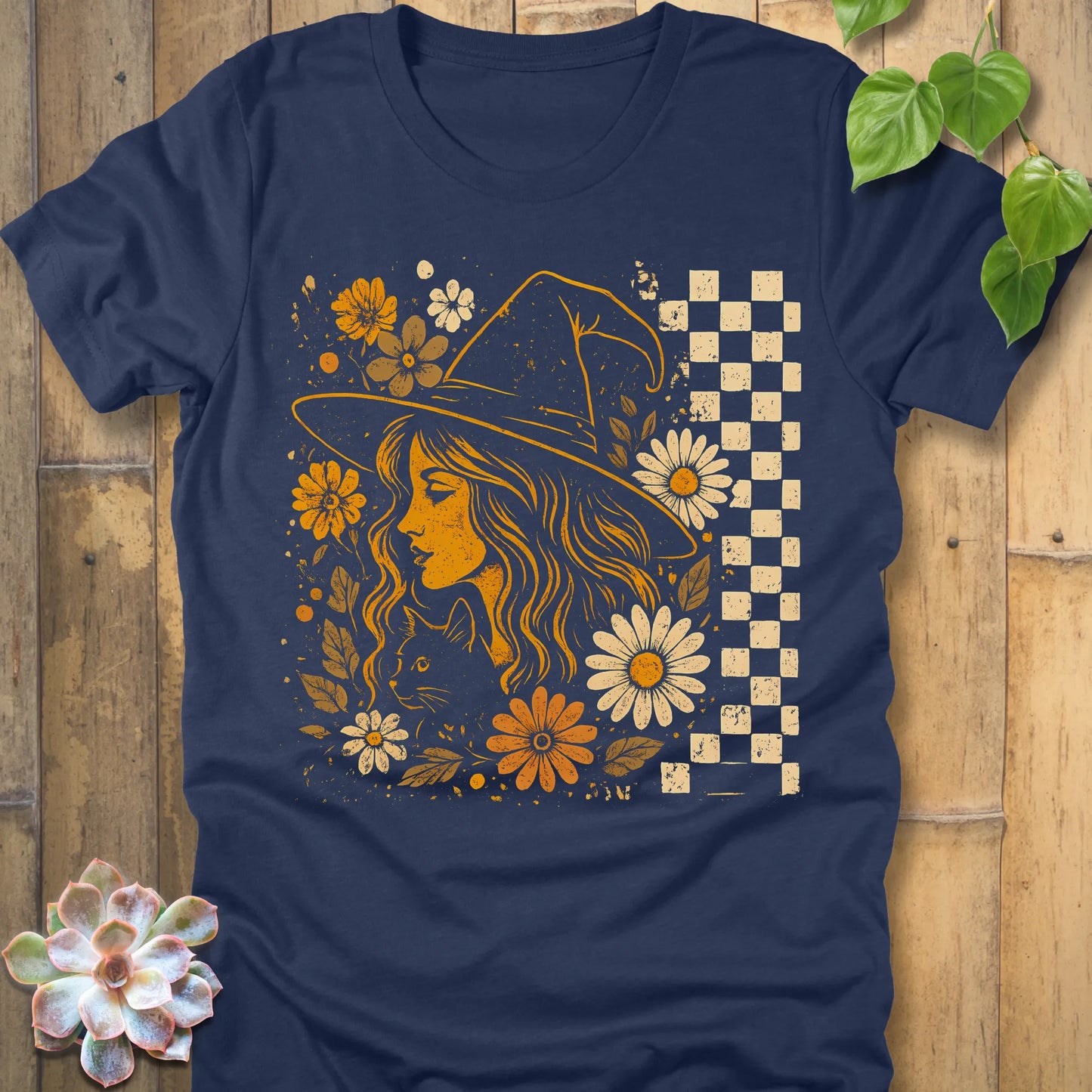 Heather Navy t-shirt featuring the design Garden Witch Vibes printed with a witch and flowers