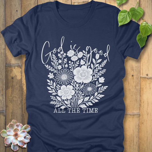 Heather Navy t-shirt featuring the design God is Good printed with flowers in a soft floral style