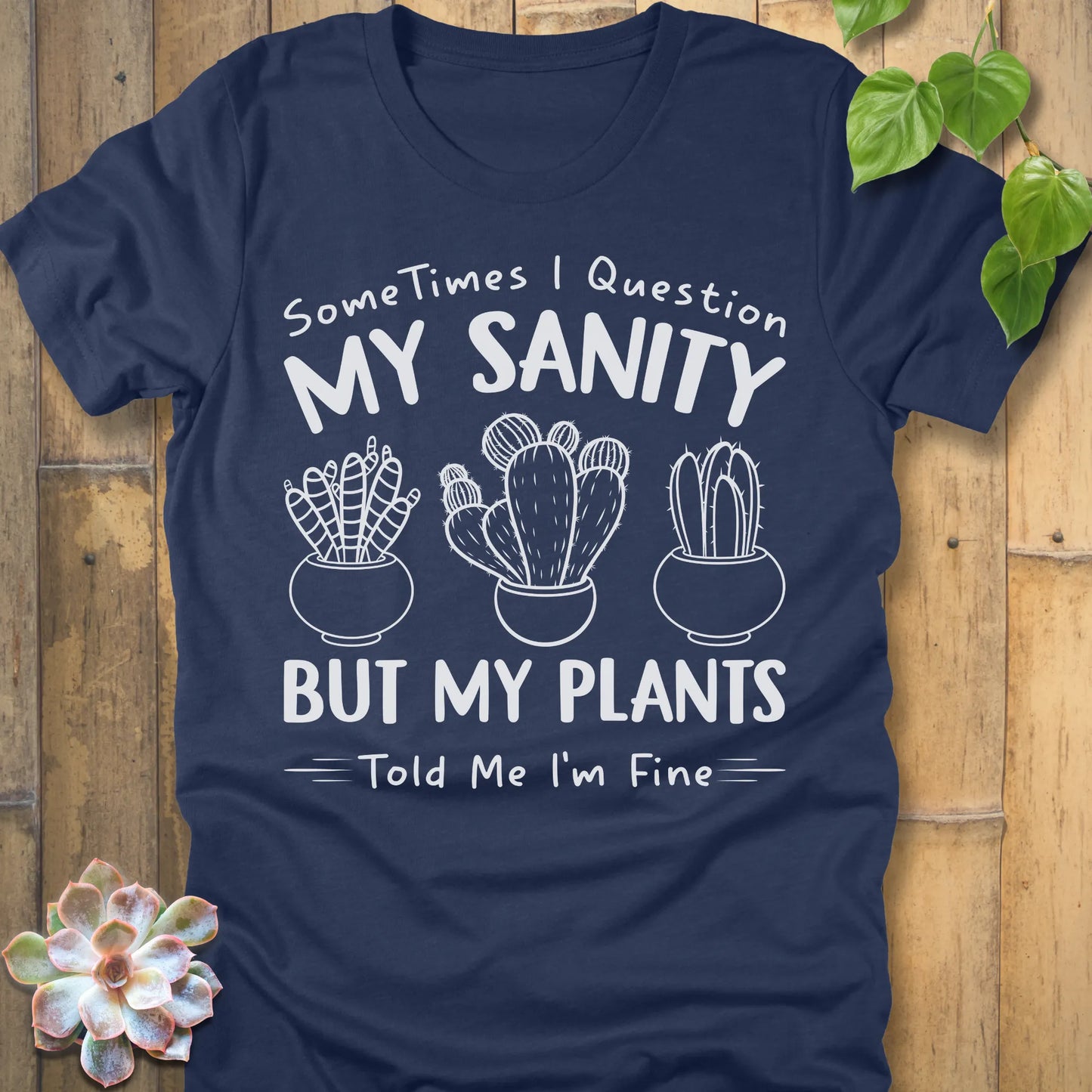 Heather Navy t-shirt featuring the design I'm Fine printed in bold white letters, ang plants