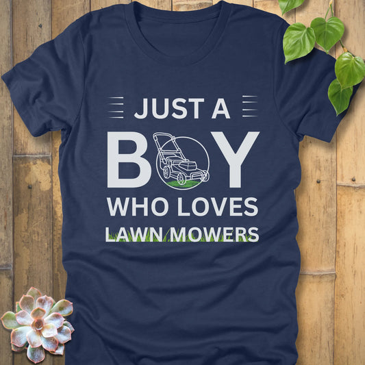 Heather Navy t-shirt featuring the design Just a Boy who loves lawn mowers printed with a lawn mower in the center