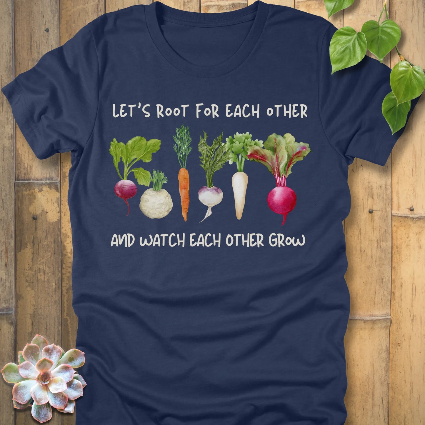 Heather Navy t-shirt featuring the design Let’s Root printed in bold letters and a vegetables, casual gardening shirt.