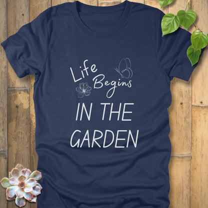Heather Navy t-shirt featuring the design Life begin's in the garden, unisex gardening graphic shirt.