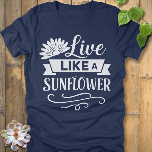 Heather Navy t-shirt featuring the design Live Like A Sunflower printed in bold letters, motivational gardening shirt.
