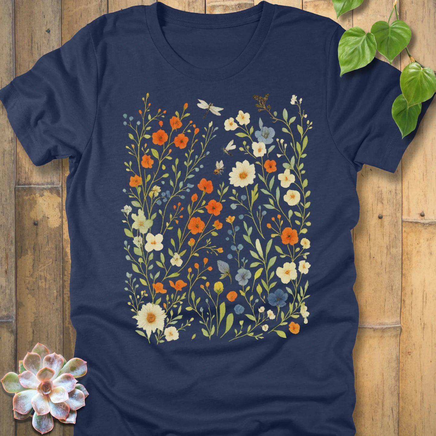 Heather Navy t-shirt featuring the design Meadow Magic printed floral graphic tee.