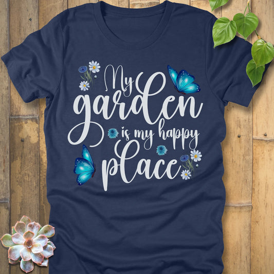 Heather Navy t-shirt featuring the design My Garden Is My Happy Place with blue butterfly and flowers, funny floral gardening shirt for women.