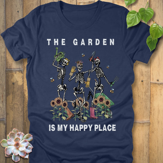 Heather Navy t-shirt featuring the design "My Happy Place" printed in bold white letters and a happy skeleton 