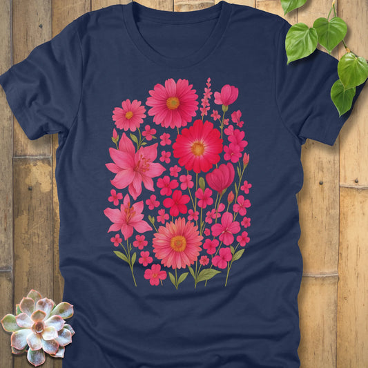Heather Navy t-shirt featuring the design Pink Blossom printed in soft floral style, casual flower shirt.