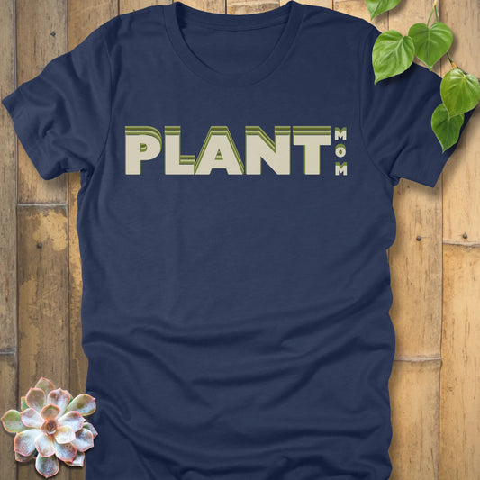 Heather Navy t-shirt featuring the design Plant Mom printed in bold green letters