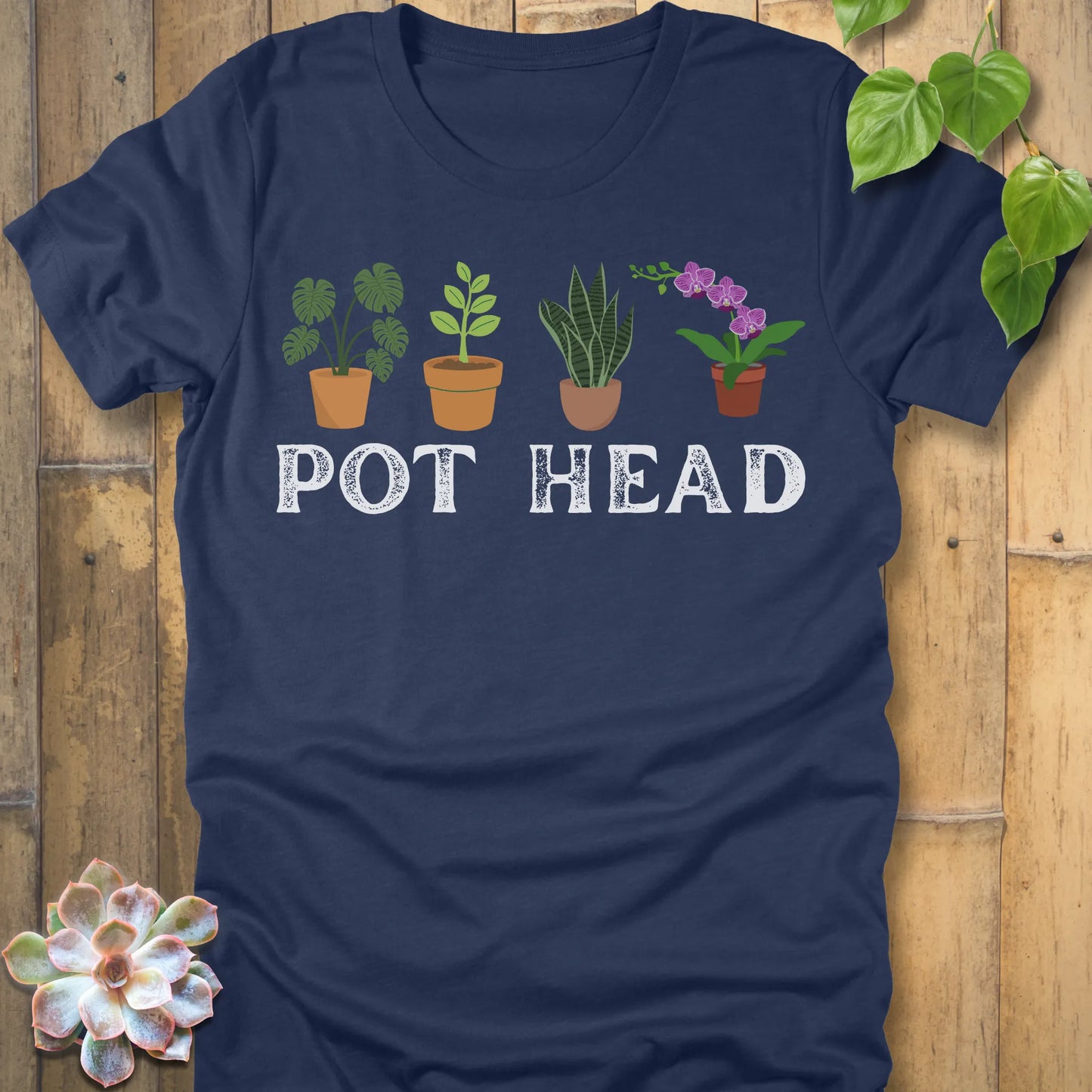 Heather Navy t-shirt featuring the design Pot Head printed in bold letters and plants in the pots, funny gardening shirt.