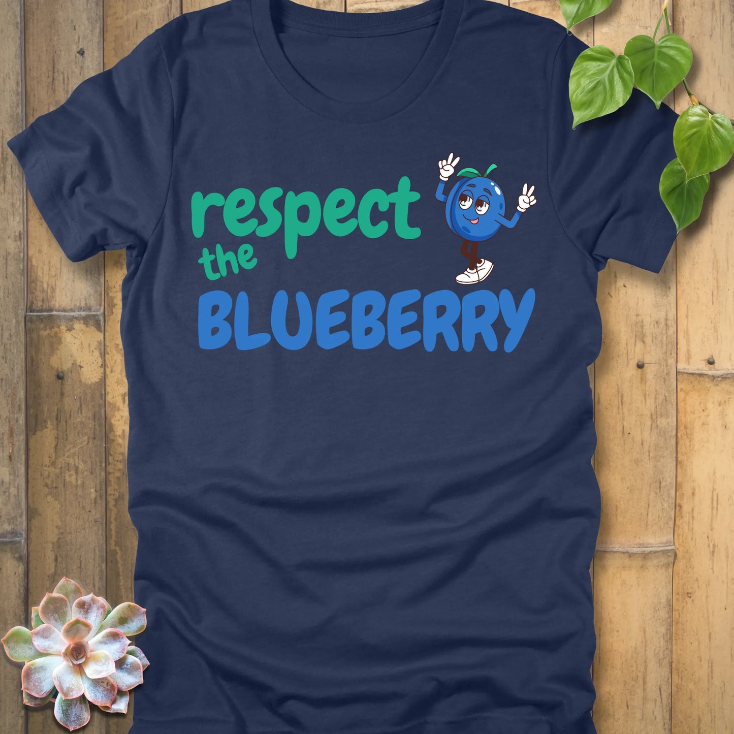 Heather Navy t-shirt featuring the design Respect the Blueberry with a bold blueberry graphic, funny fruit lover shirt.