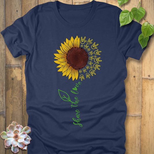 Heather Navy t-shirt featuring the design Share The Love printed in graphic sunflower, casual love graphic tee.