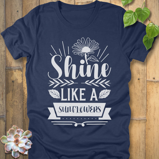 Heather Navy t-shirt featuring the design Shine Like A Sunflower printed in bold letters with sunflower
