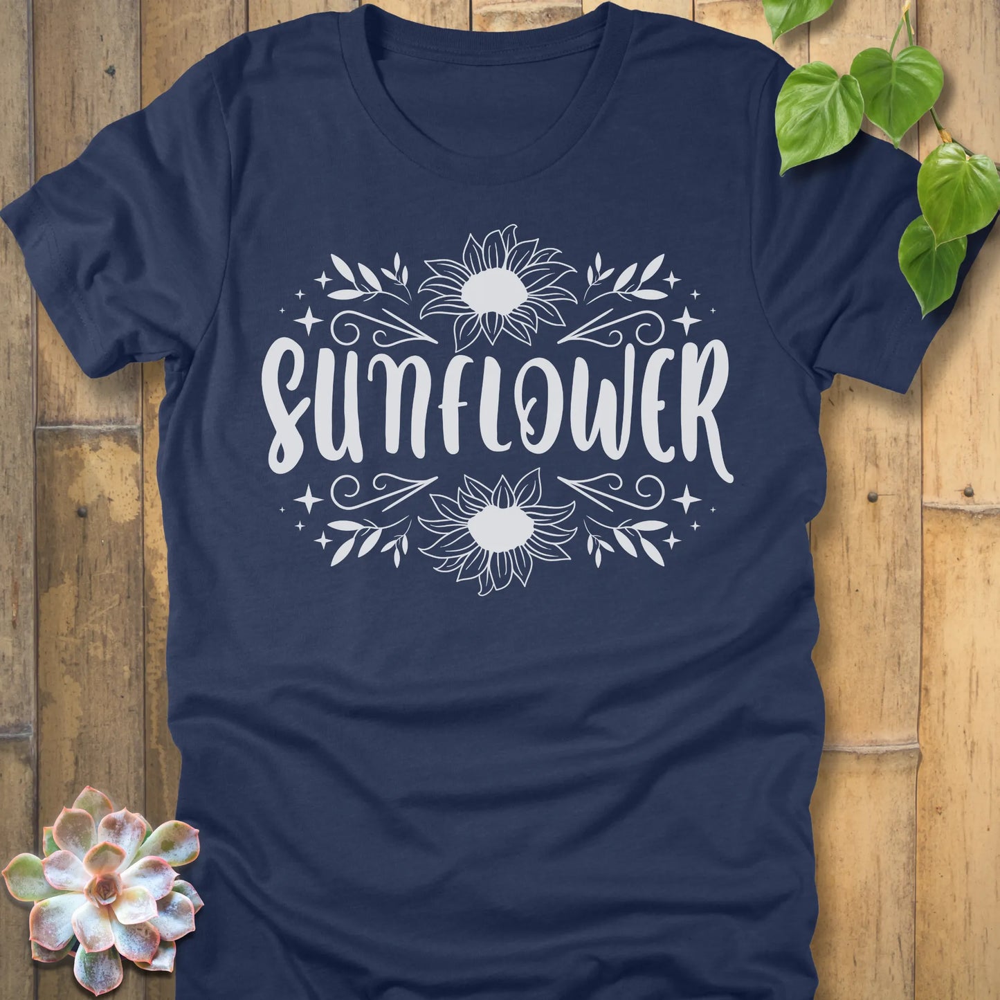 Heather Navy t-shirt featuring the design Sunflower printed in white letters and sunflower, floral graphic tee.
