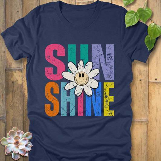 Heather Navy t-shirt featuring the design Sunshine printed in colourful letters and a sunflower