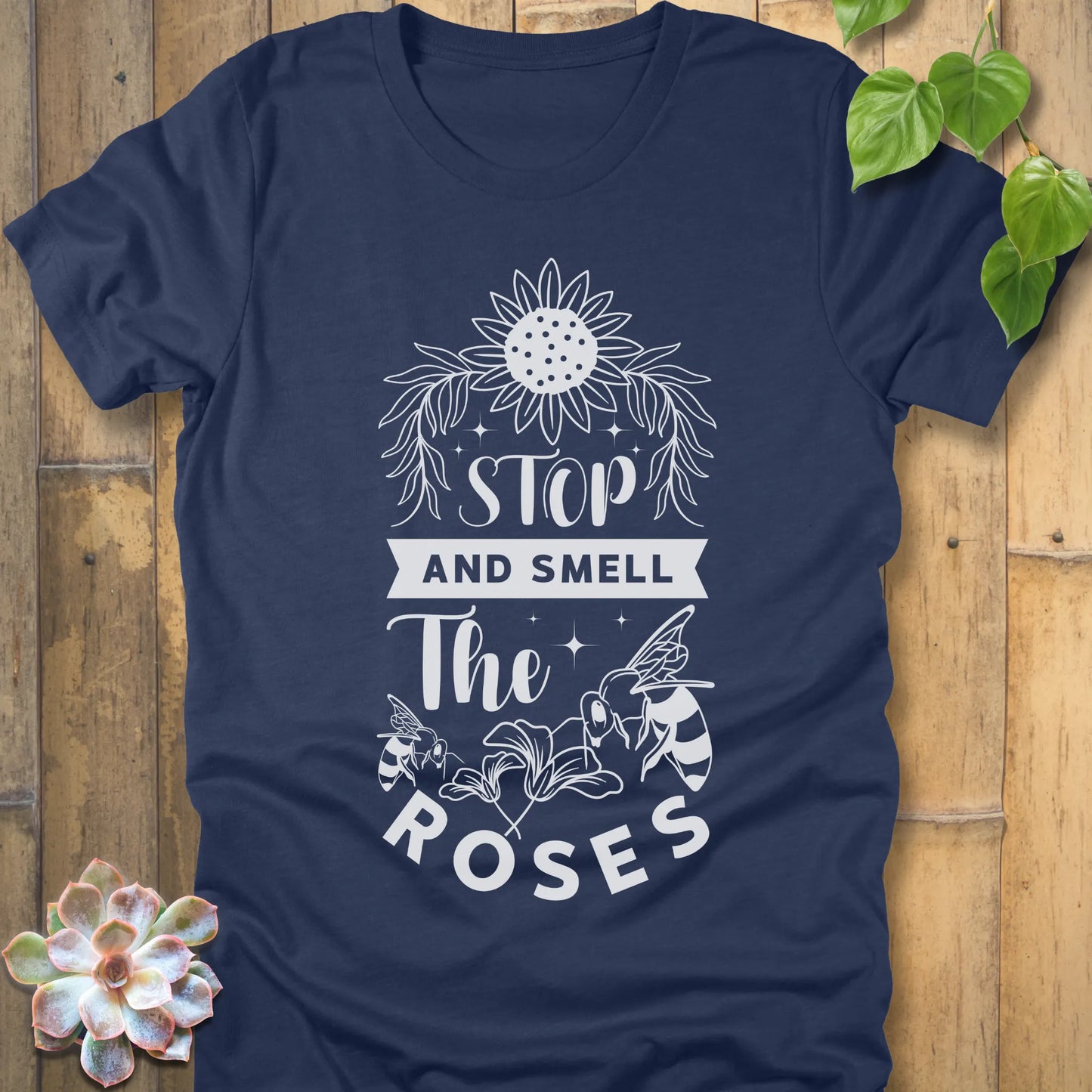 Heather Navy t-shirt featuring the design The Roses printed with flowers and bees