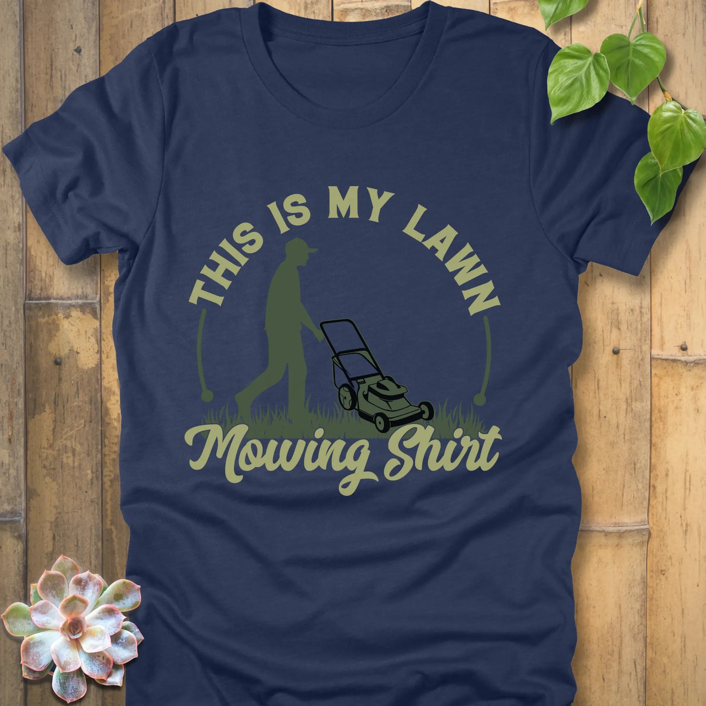 Heather Navy t-shirt featuring the design This is my lawn mowing with a man using a lawn mower.