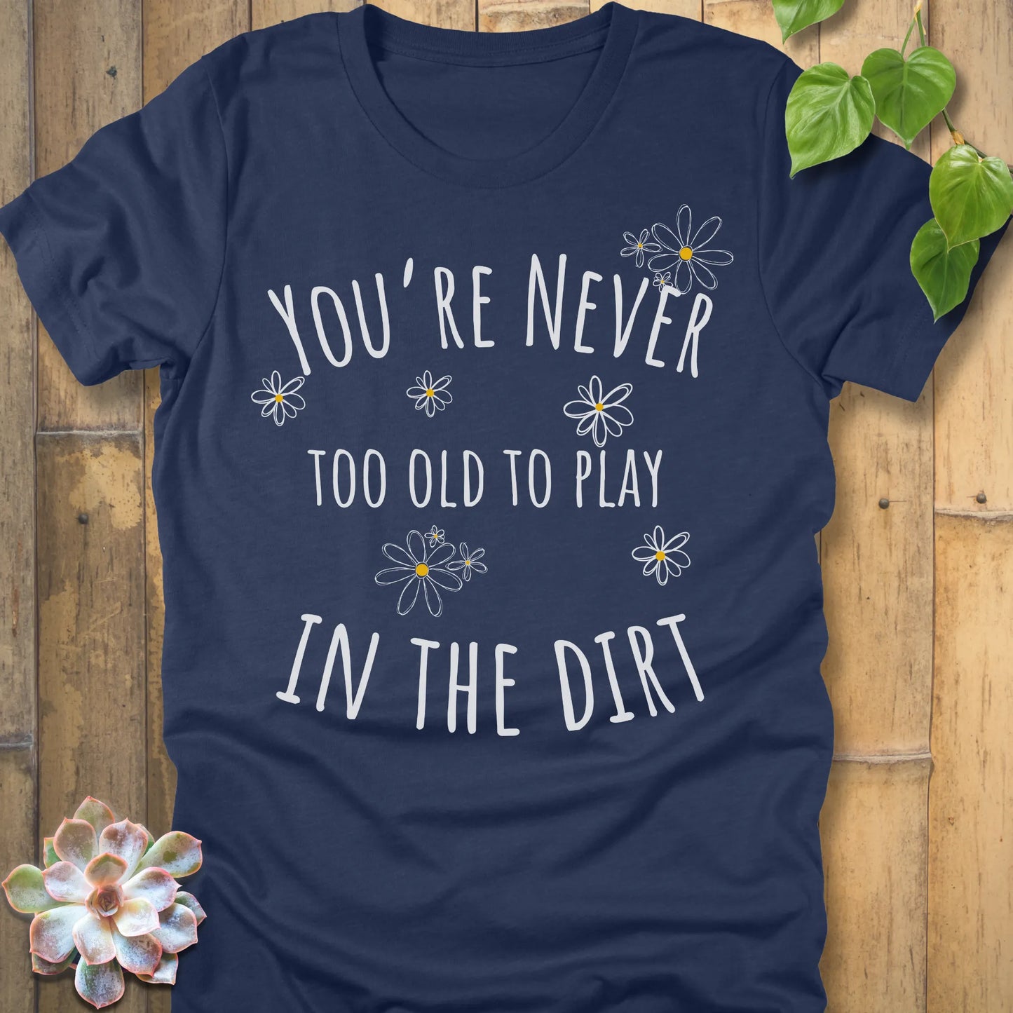 Heather Navy t-shirt featuring the design Too Old printed in bold letters, funny flowers design shirt.