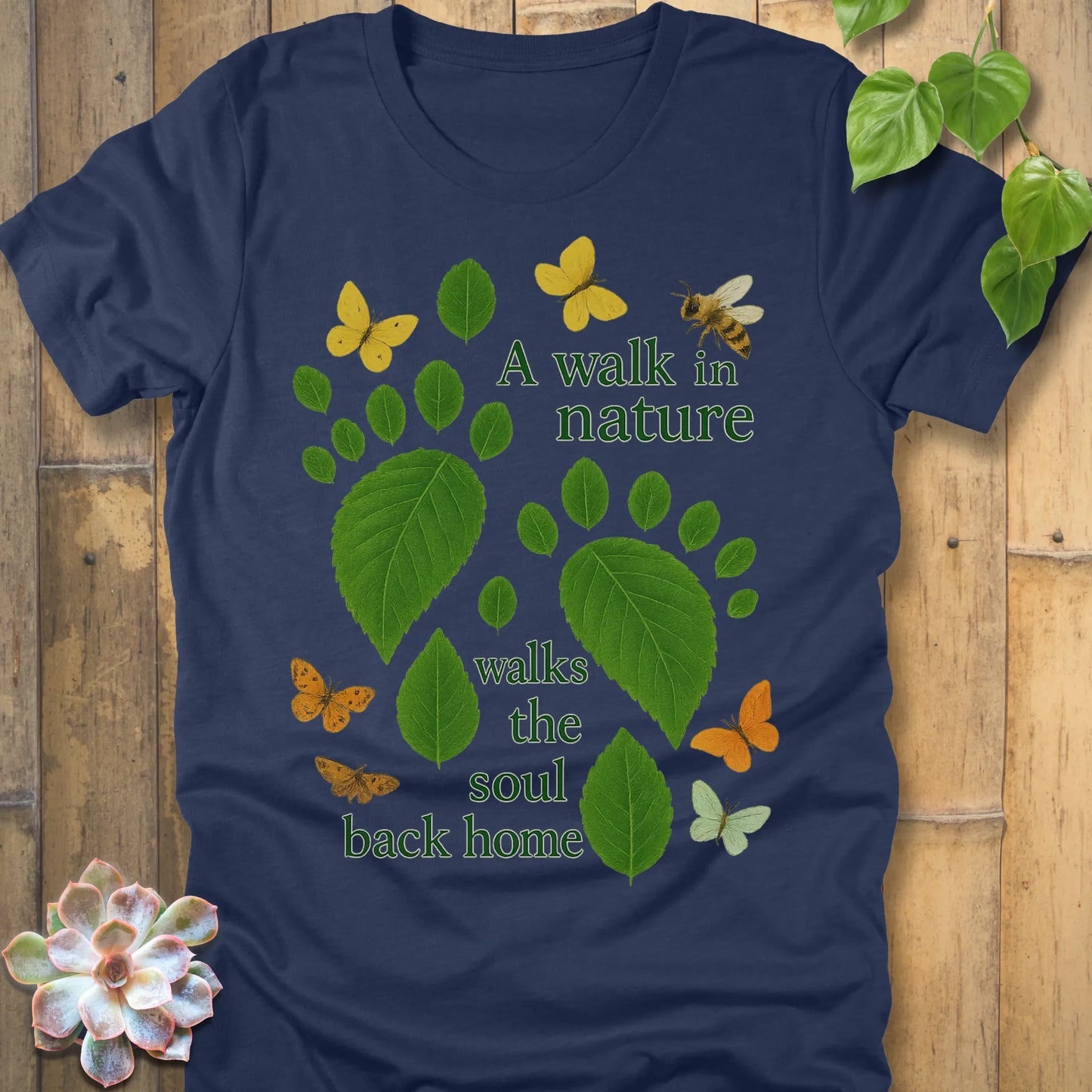 Heather Navy t-shirt featuring the design Walk In Nature printed natures design, outdoor adventure shirt.