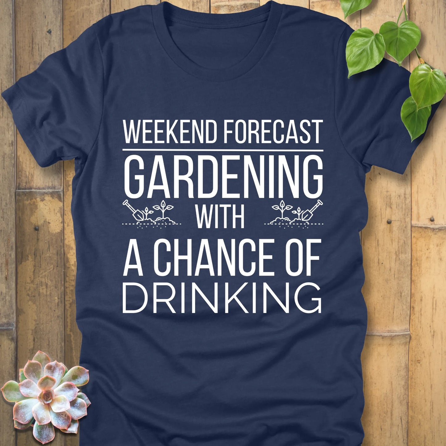 Heather Navy t-shirt featuring the design "Weekend forecast gardening with a chance of drinking" in bold letters, gardening gift tee.