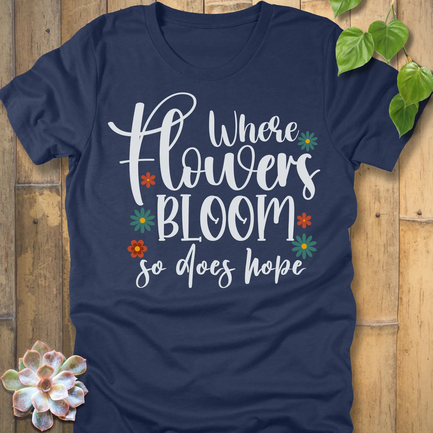 Heather Navy t-shirt featuring the design Where Flowers Bloom printed floral graphic tee