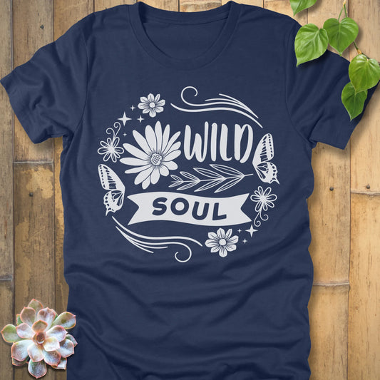 Heather Navy t-shirt featuring the design Wild Soul printed in bold letters and flower, butterfly